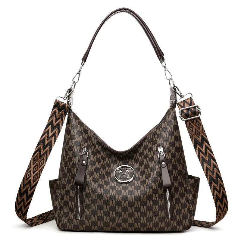 Retro simple printed PU leather shoulder messenger bag with sandwich pocket design and double connector straps