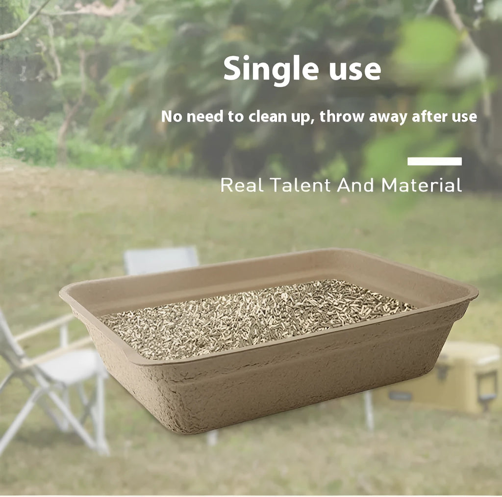 Brown biodegradable disposable cat litter box shown in three available sizes for small cats.