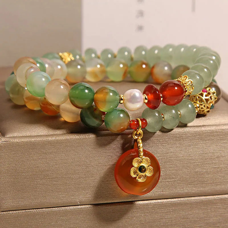 Peacock green agate double ring bracelet for women with alloy construction and safety buckle