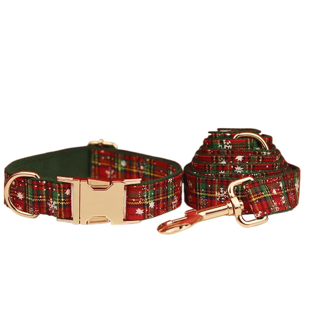 Green snowflake Christmas pet collar four-piece set with matching dog leash, vest and bow tie