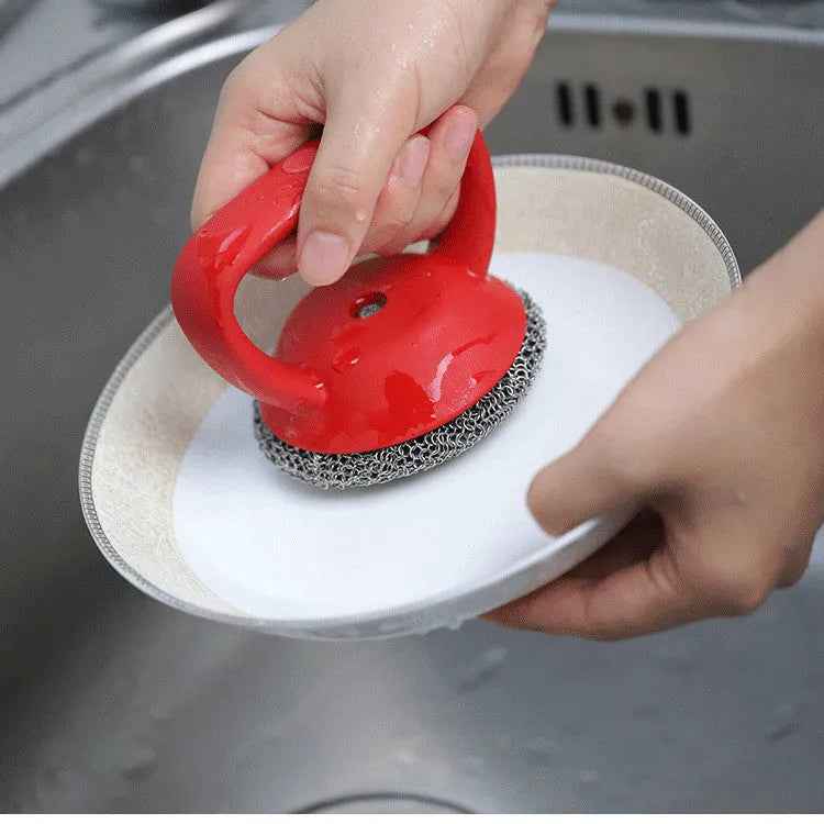 Cast iron scrubber with 316 stainless steel round chainmail head and silicone handle in red, blue, or black