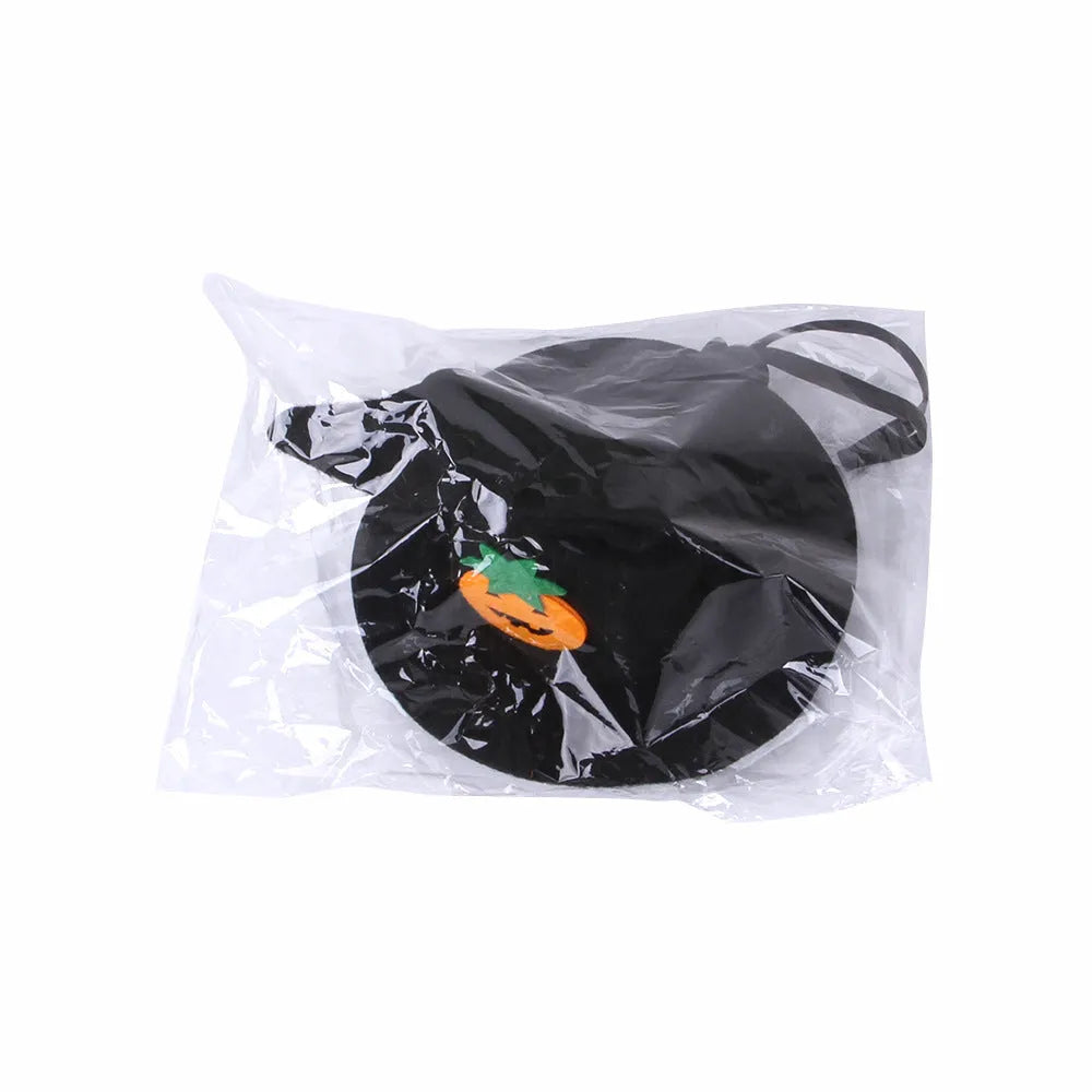 Adjustable cloth Halloween hat for pets showing embossed pumpkin design on cat