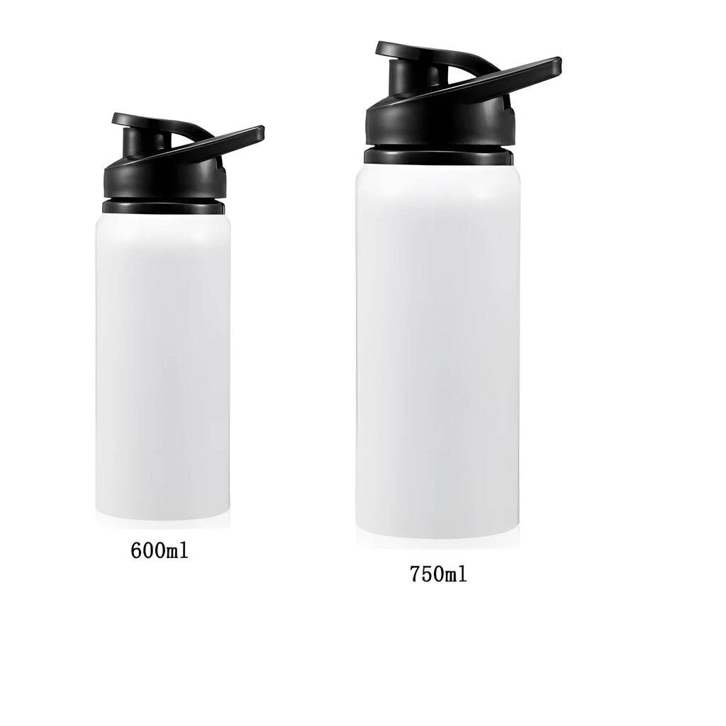 White aluminium sports water bottle for cycling with screw-on lid, shown in 600ml and 750ml sizes.