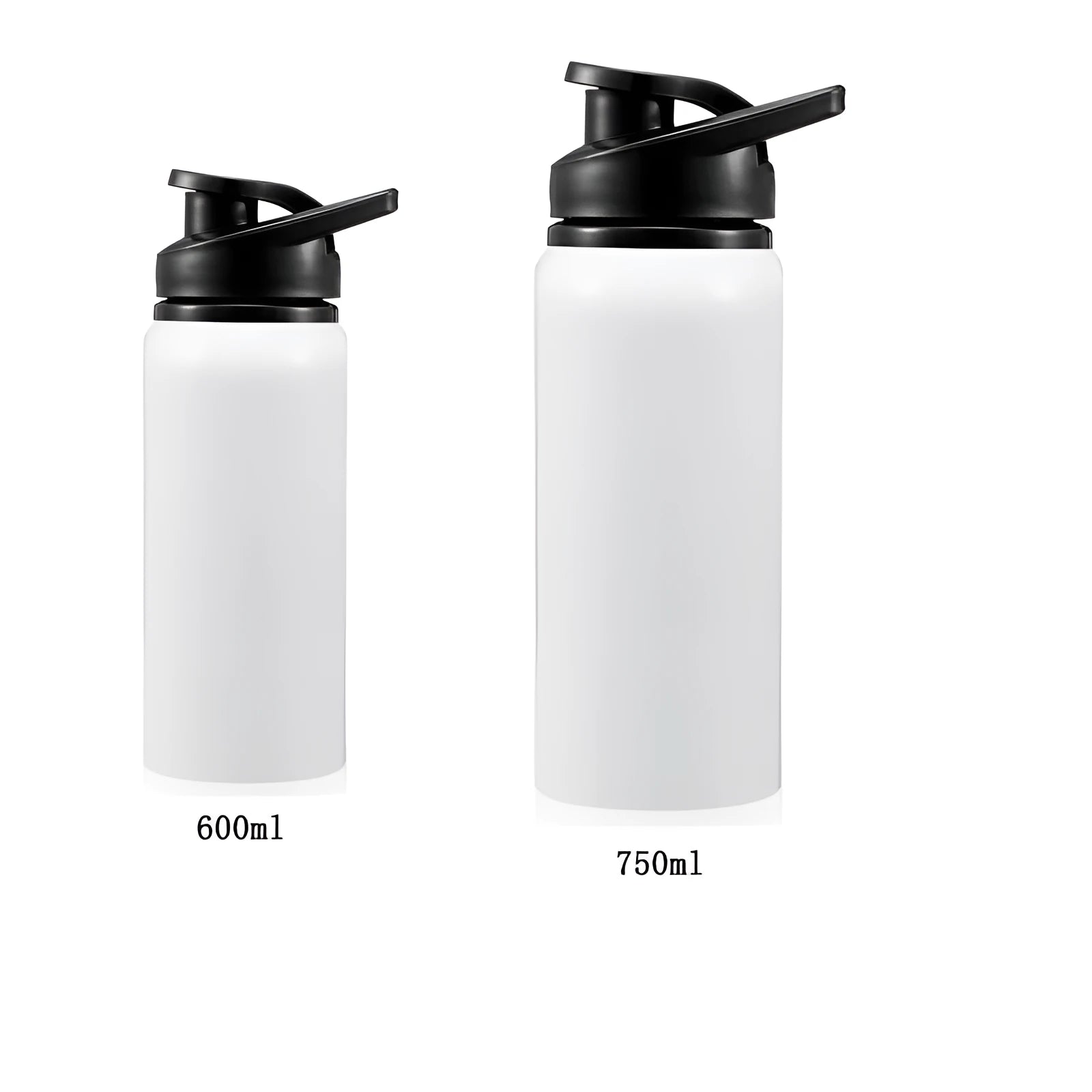White aluminium sports water bottle for cycling with screw-on lid, shown in 600ml and 750ml sizes.