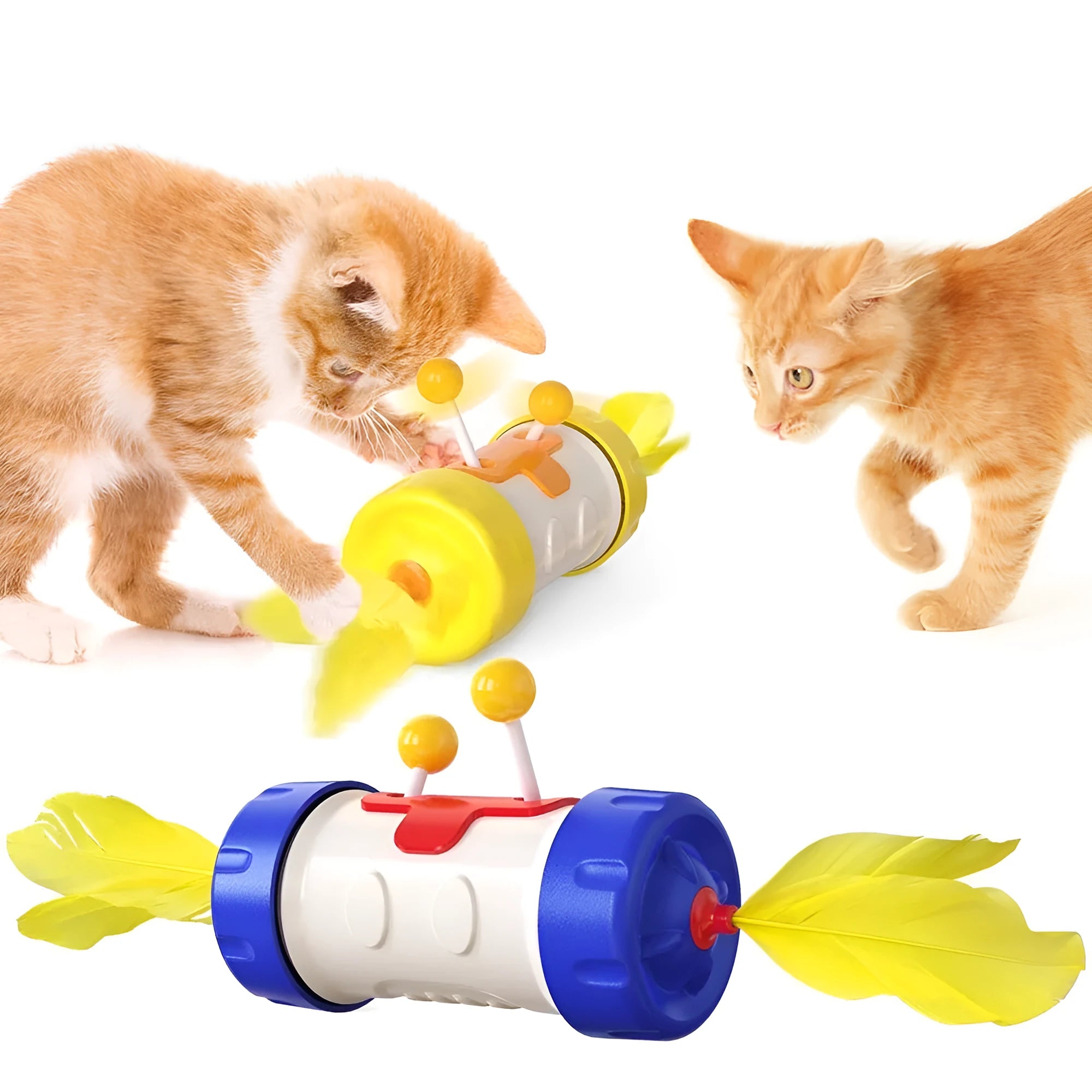 Blue interactive cat toy stick pole with tumbler and feather ball for chasing play.