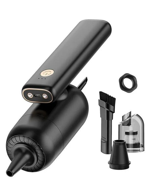 Cordless car vacuum cleaner with 4000mAh battery and replaceable nozzle on black background