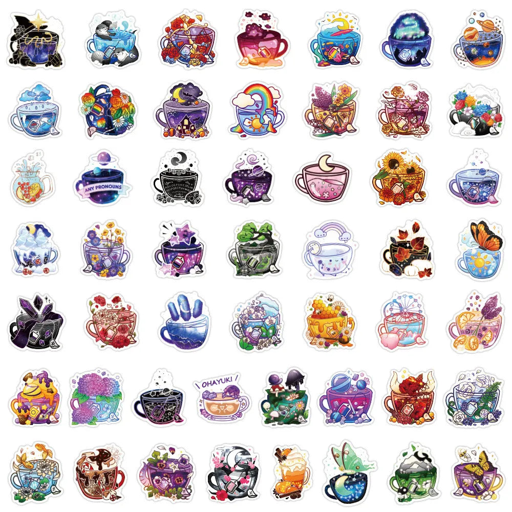 Pack of 50 colourful tea cup graffiti waterproof stickers in Nordic style for DIY luggage and scooter customisation.
