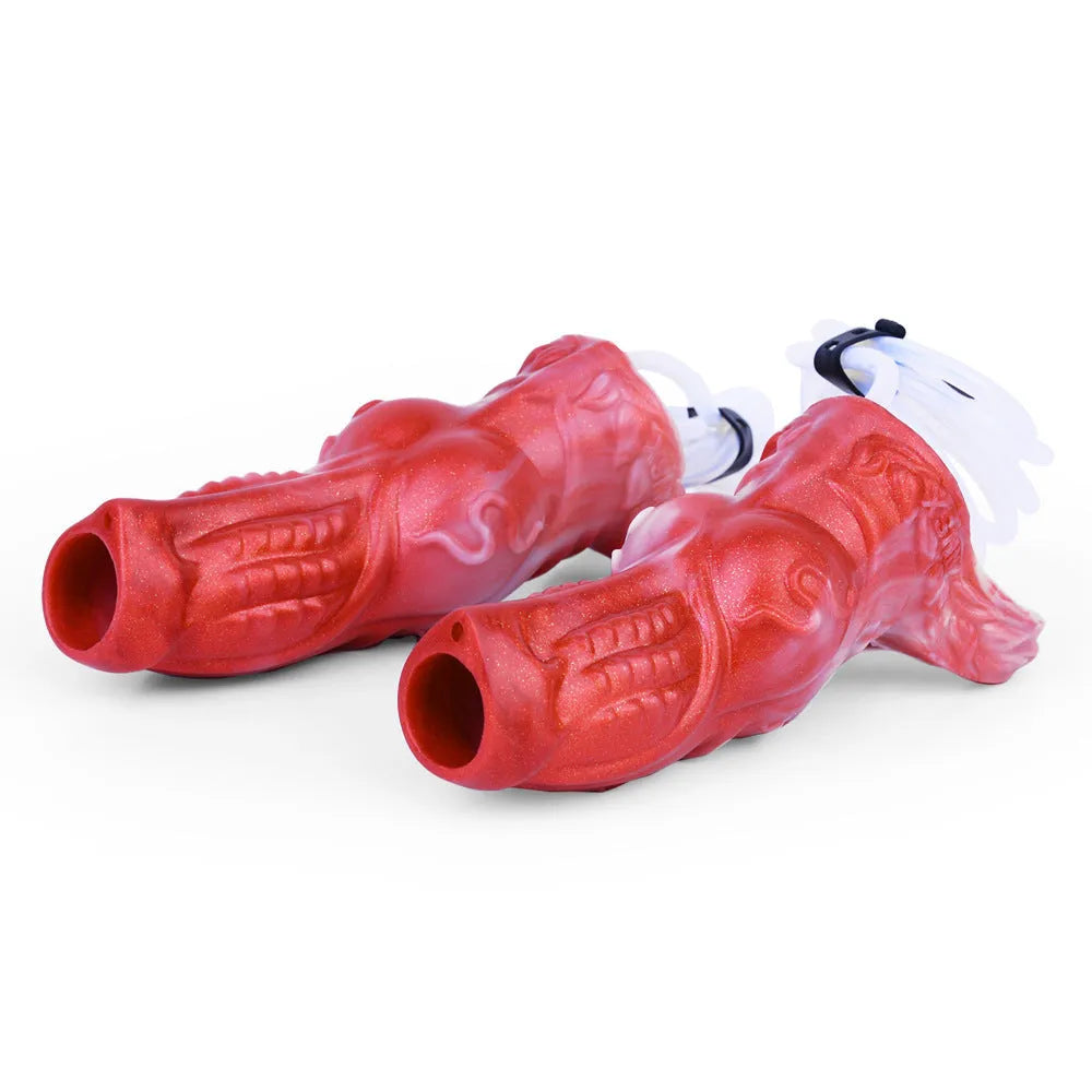 Manual water spray silicone exotic condom adult toy with syringe, airbag, and balloon components on a plain background.