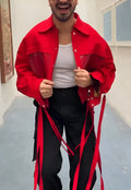 Men's red short jacket with zip front on model
