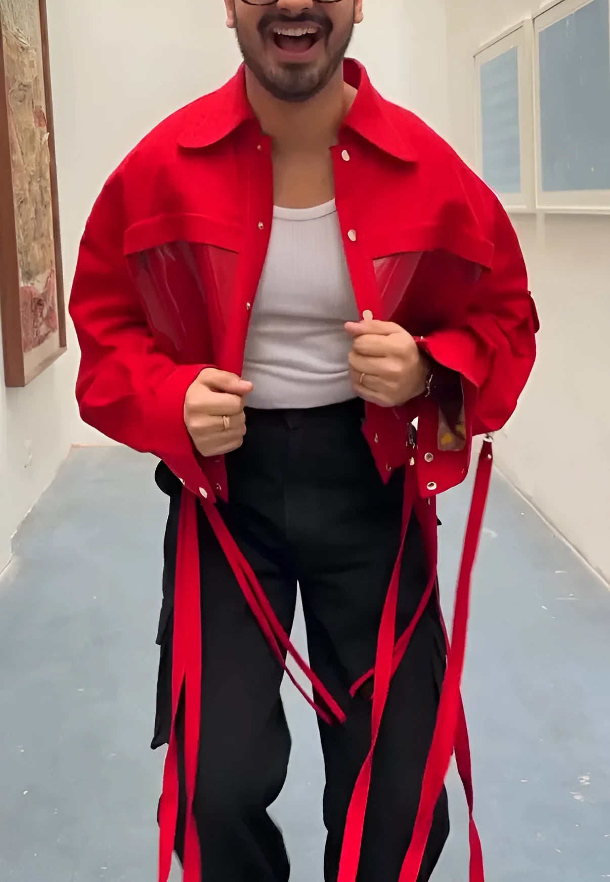 Men's red short jacket with zip front on model