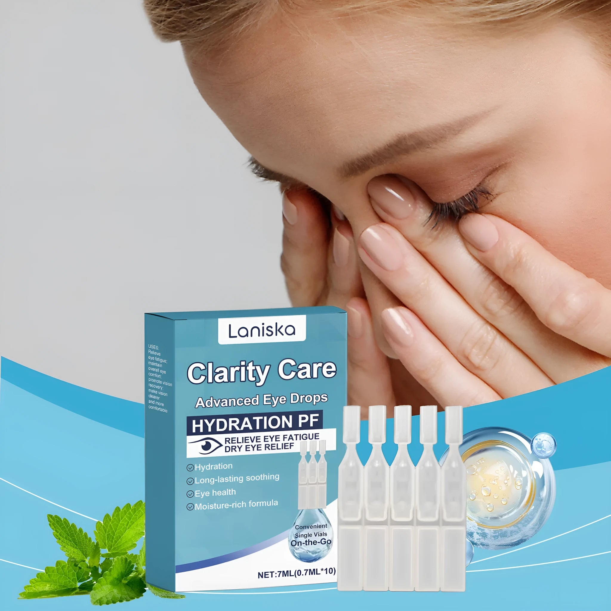 Bottle of mint and sodium hyaluronate moisturising eye drops for gentle eye care.