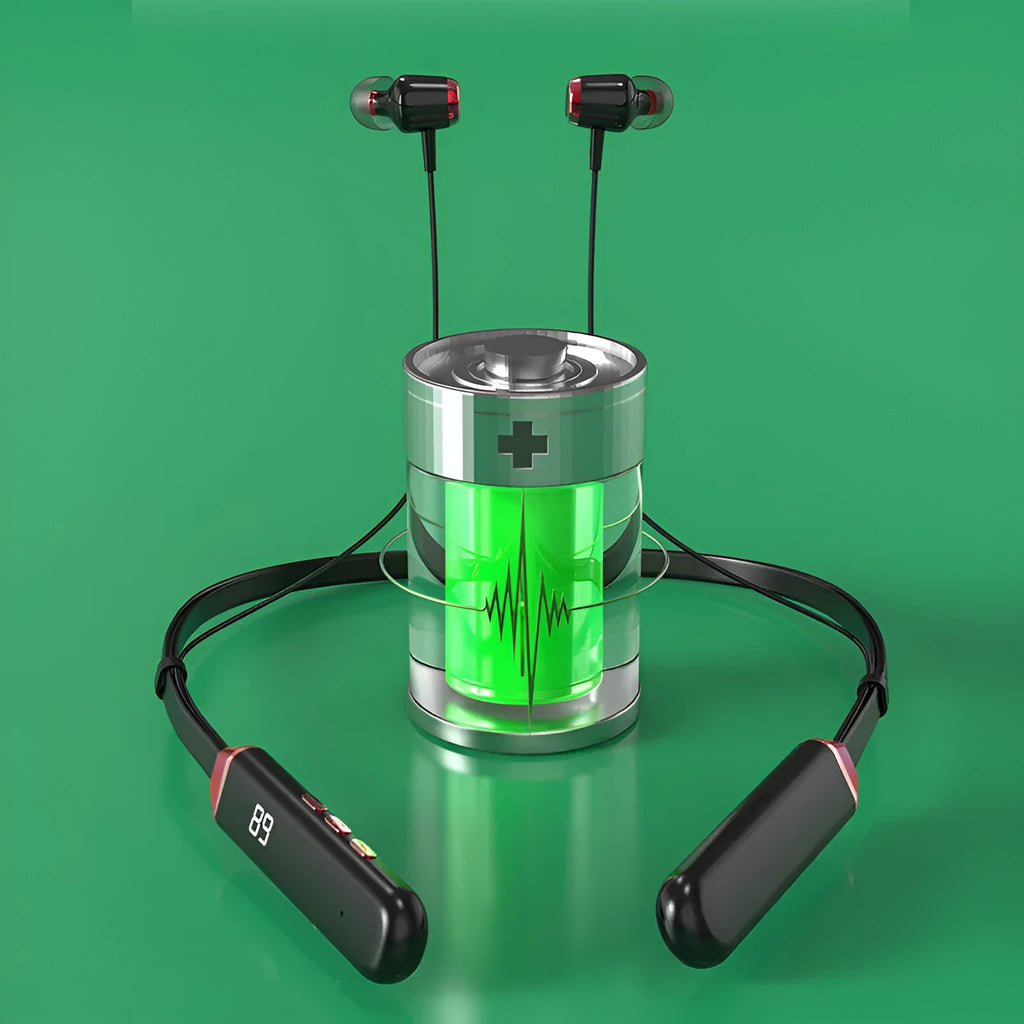 Wireless Bluetooth headset with hanging neck design, battery display, and Bluetooth 5.0 in black and red colours