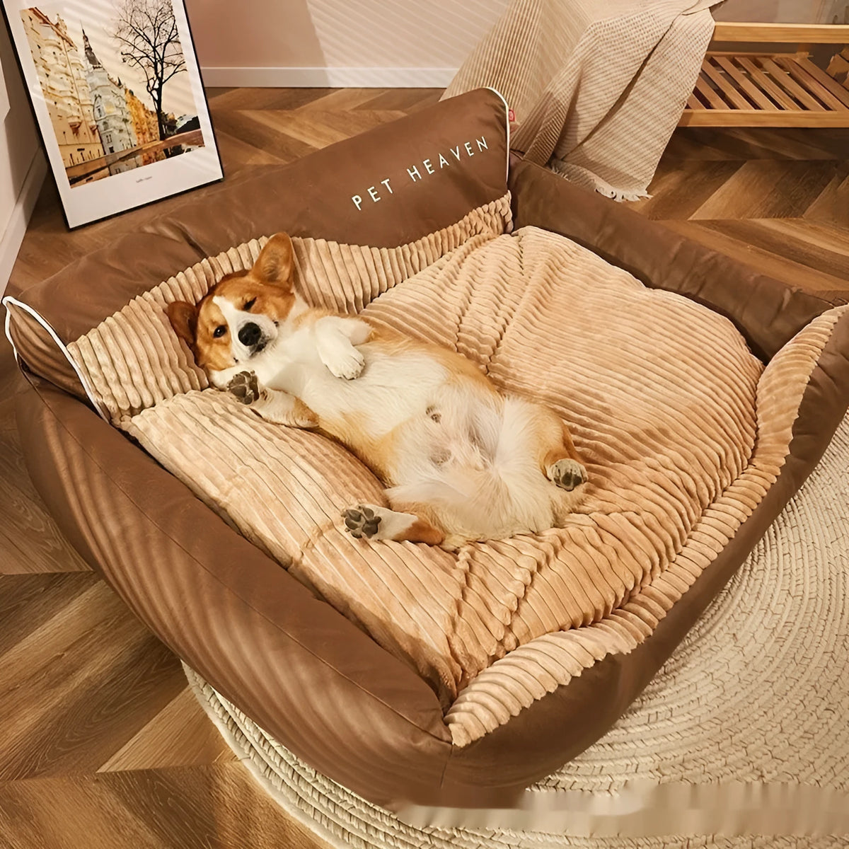Warm brown cloth pet bed with sofa backrest, deep sleep kennel mat for dogs, available in four sizes