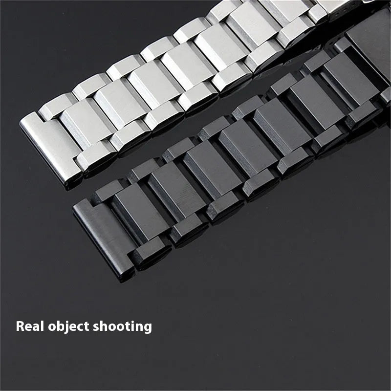 Stainless steel watch strap with double-security buckle and quick release, in silver, black, gold, or rose gold, 18-24mm