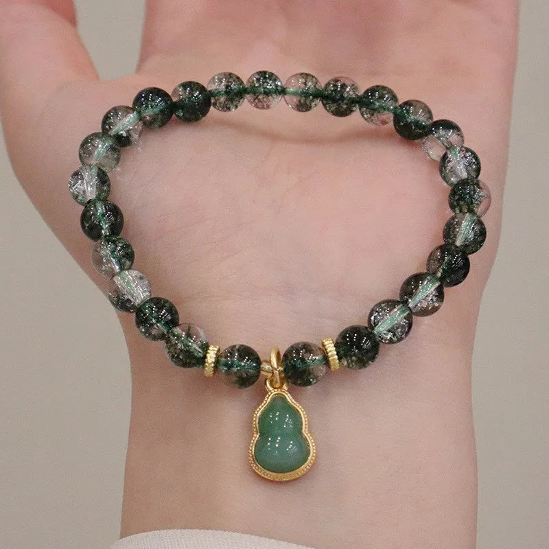 Natural citrine and chorite crystal women's bracelet with green ghost calabash pendant