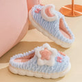 Women's light blue fleece-lined plush home slippers with round heel and PVC sole.