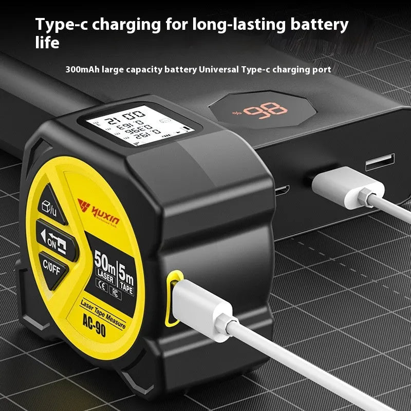 Three-in-one laser tape measure with 50m range, ABS TPR body, and rechargeable lithium battery