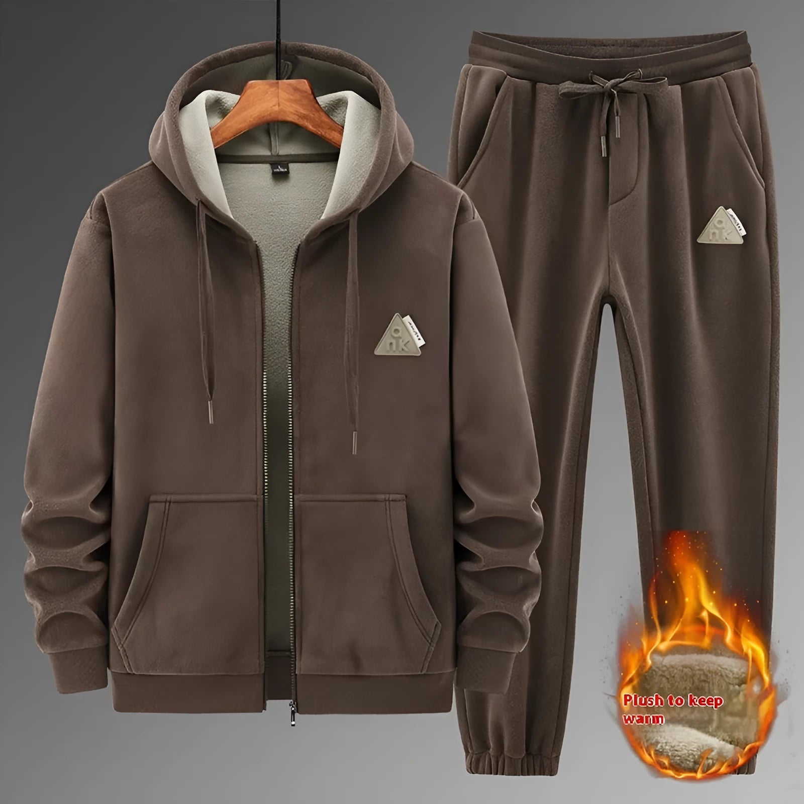Men's grey cashmere hooded sweater and cotton pants casual sports suit set laid flat.