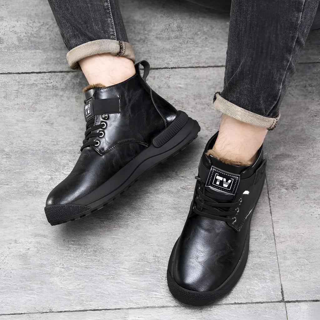 Men's black Martin Boots high-top platform boots with velvet artificial PU upper and rubber sole