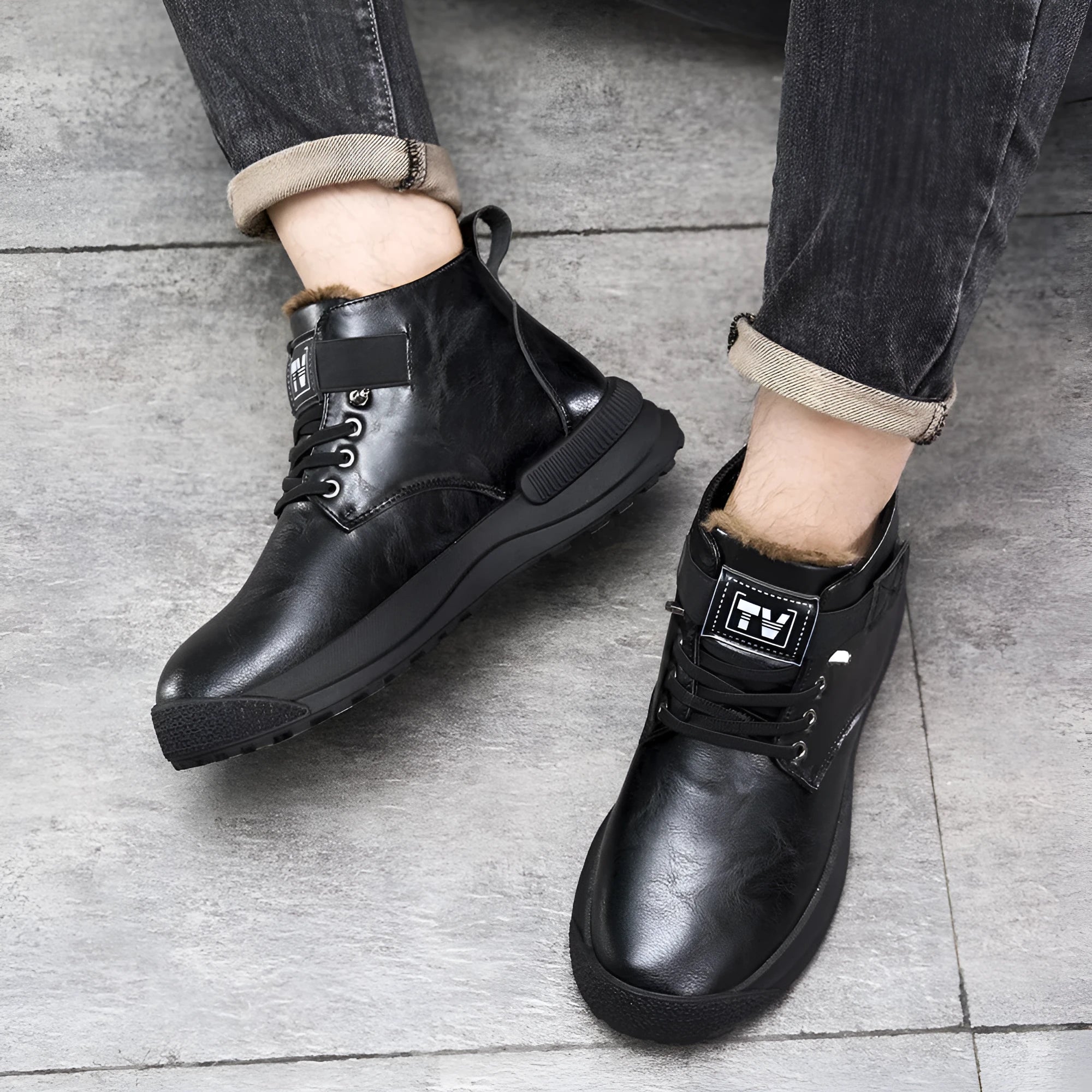 Men's black Martin Boots high-top platform boots with velvet artificial PU upper and rubber sole