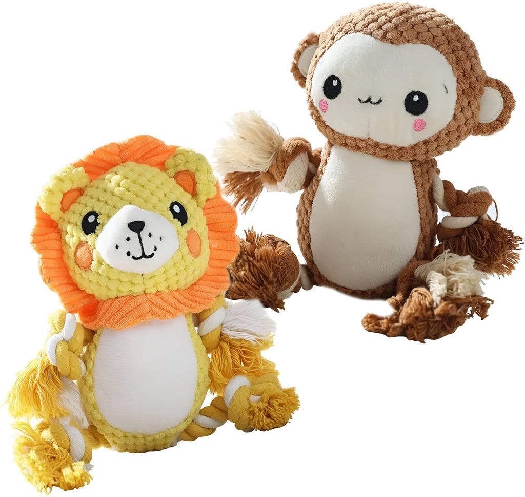 Lion and monkey plush squeaky dog toys bundle for medium to large breeds