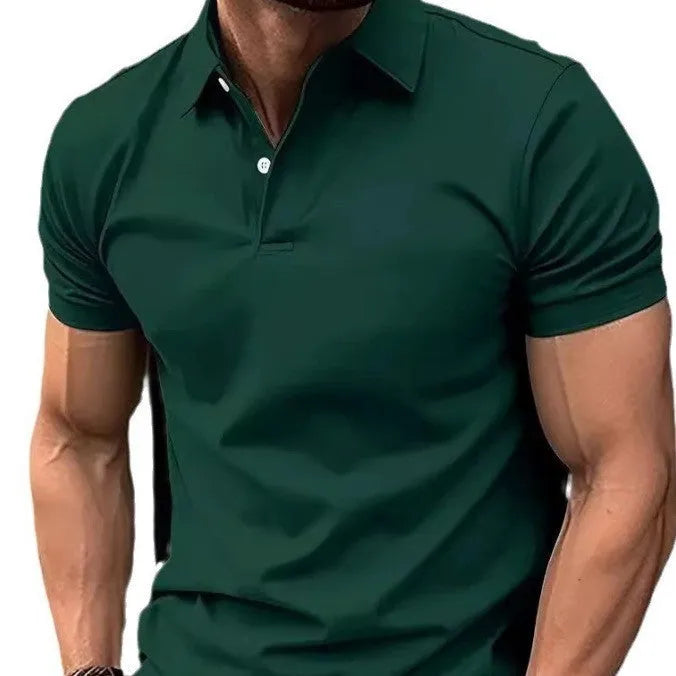 Slim fit casual short sleeve button-up shirt in a solid colour on a hanger.