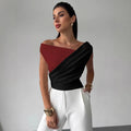Colour-blocked asymmetric shoulder ruffled hem slim-fit polyester top for women in black with white panels