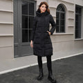 Black slim fit hooded jacket with long sleeves for cold weather protection