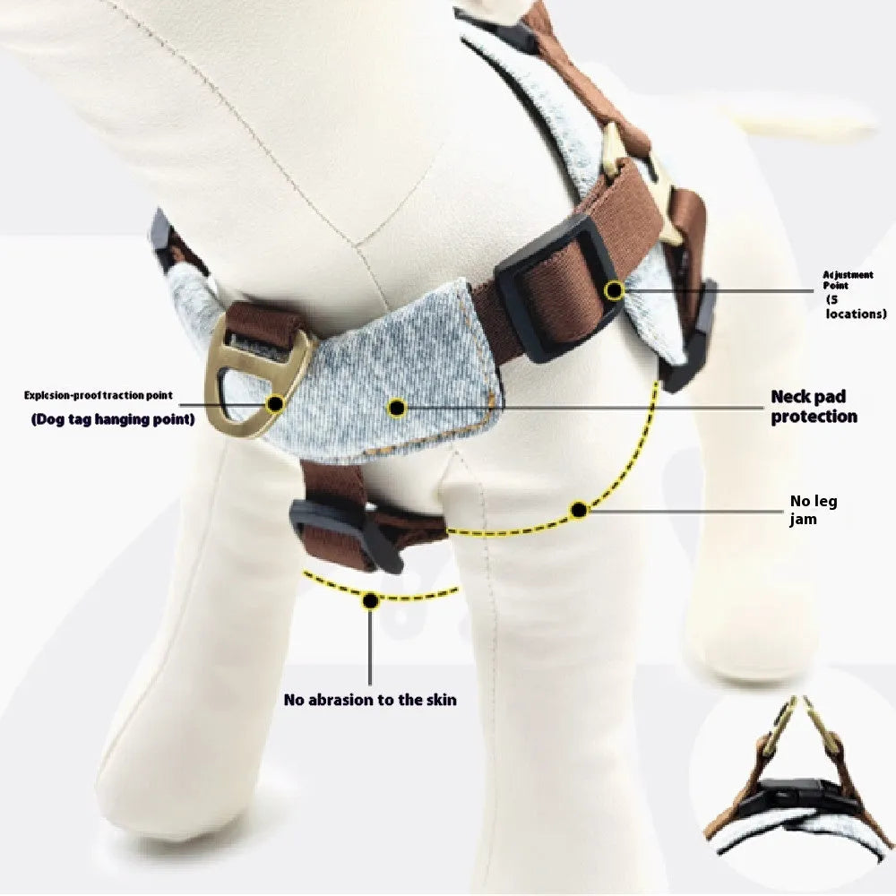 Brown vest style dog chest harness with traction rope for small and medium dogs, sizes L M S