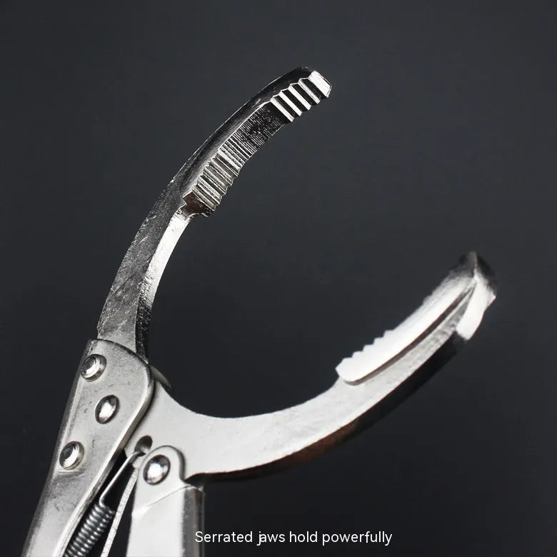 45 steel vise grip oil filter removal wrench tool showing adjustable clamps and 225mm handle length.