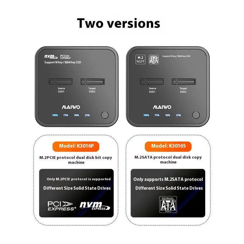 MAIWO K3016 M.2 SSD dock copier unit with data cables and power adapter on a desk.