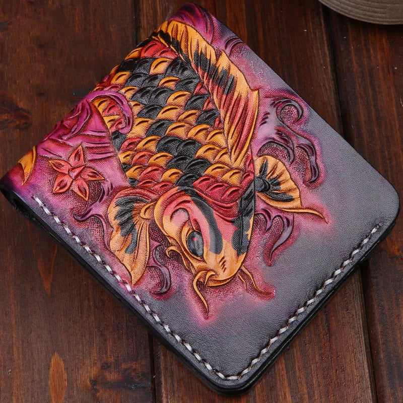 Men's carved cow leather short wallet in blue, showing open foldover design and dimensions.