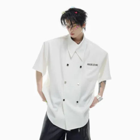 Men's loose-fitting casual short-sleeved shirt in blue with lapel collar and button detail.