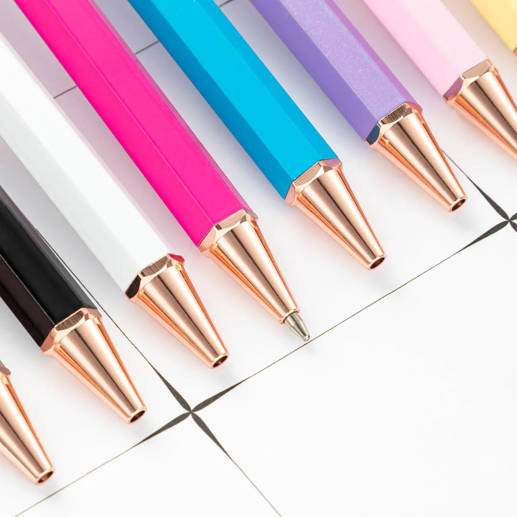 Metal six-angle rod ballpoint pen with 1.0mm bullet tip in multiple colour options