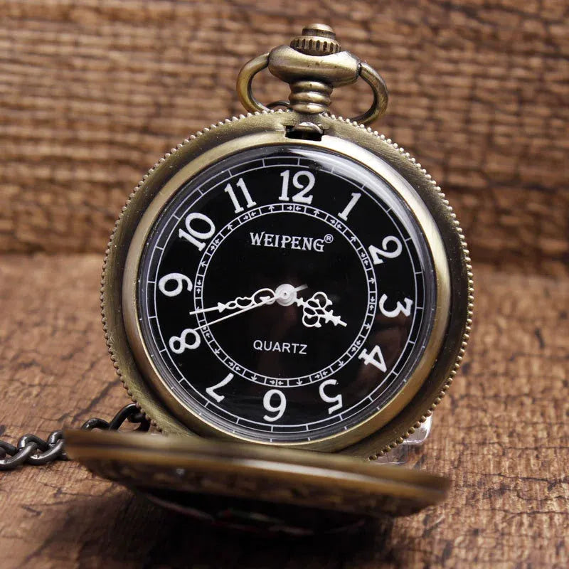Bronze antique-style ceramic pocket watch with skull motif on 37.5cm chain, 4.7cm case diameter