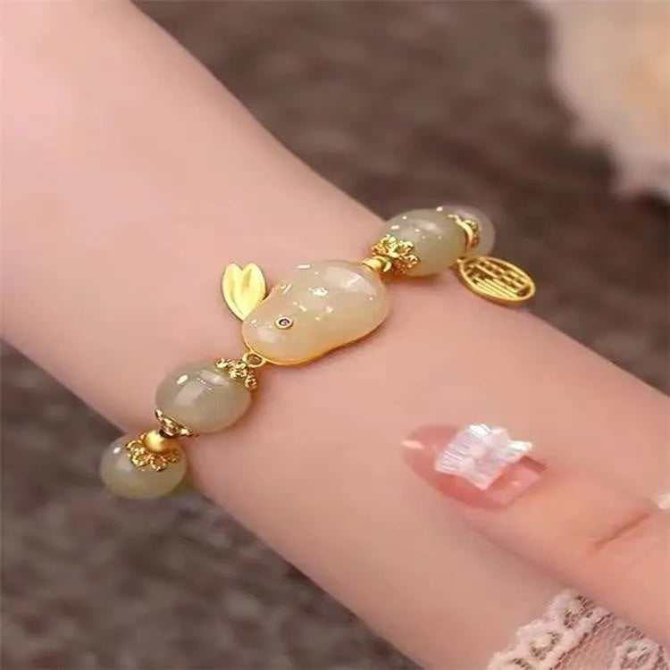 Green Chinese style jade hare bracelet for women with electroplating treatment and lily decorative elements