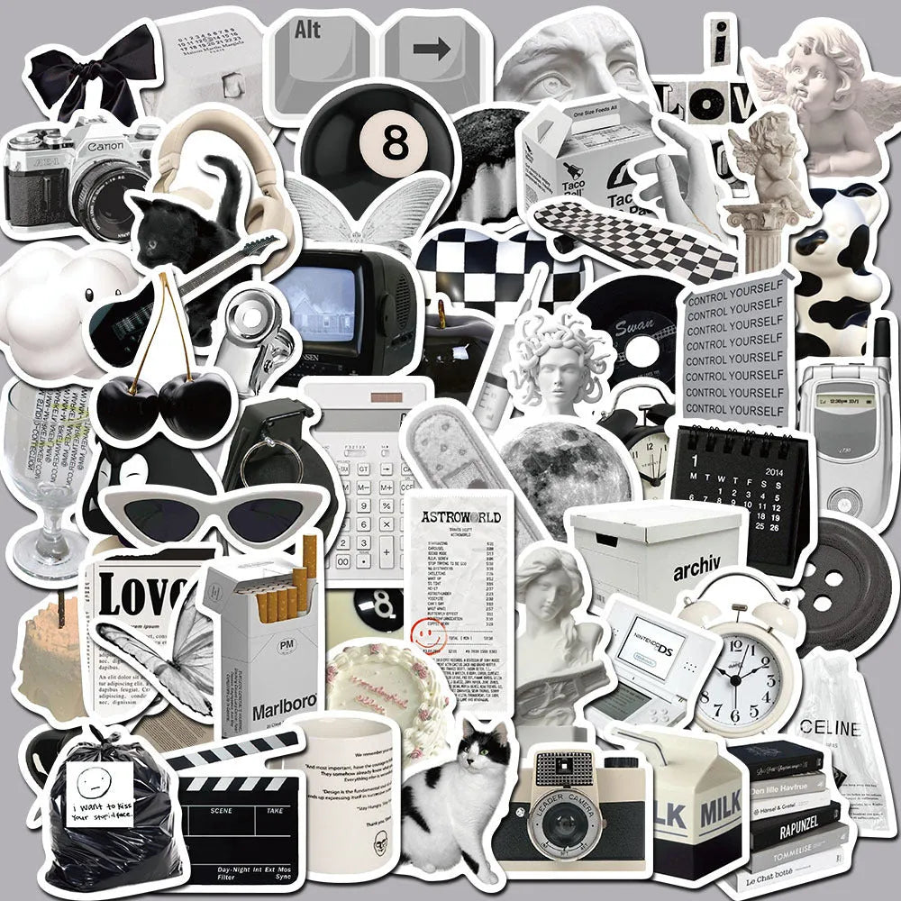 61 black and white waterproof PVC stickers for laptop and phone decoration.