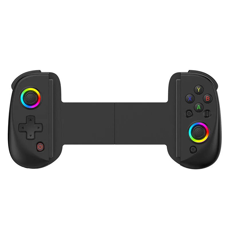 D8 Bluetooth gamepad controller with extended stretch clip holding a tablet, shown in multiple colour options.