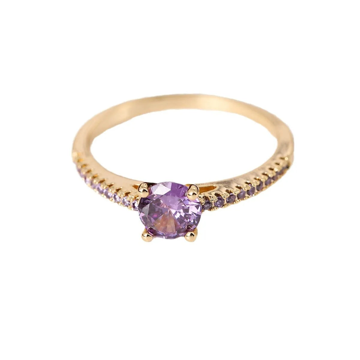Colourful hexagonal zircon ring in copper with electroplated finish on a size 7 finger.