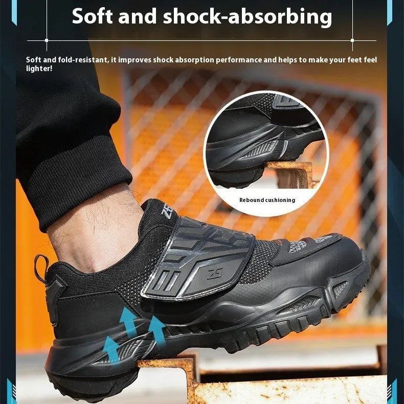 Black steel toe cap safety shoes with mesh fabric upper and felt buckle closure