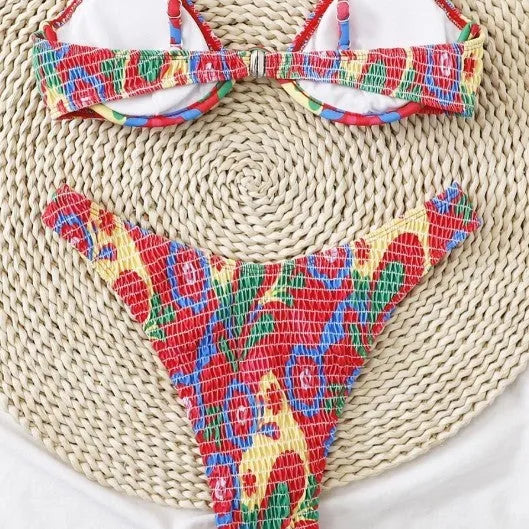 Red floral pattern women's underwire triangle bikini with briefs bottoms