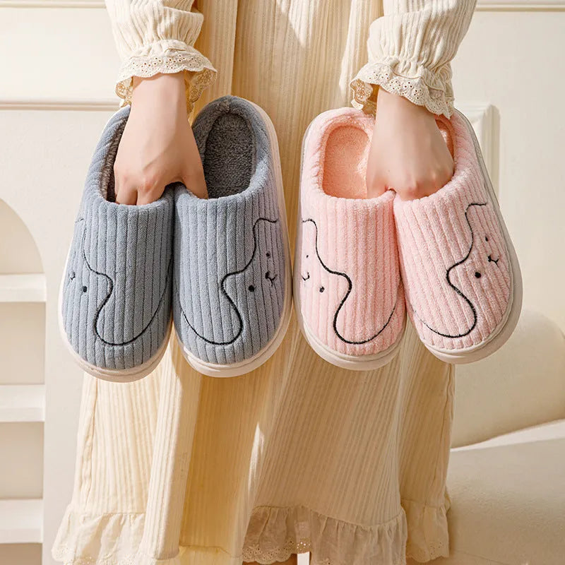 Striped cat slippers plush upper rubber sole non-slip indoor house shoes