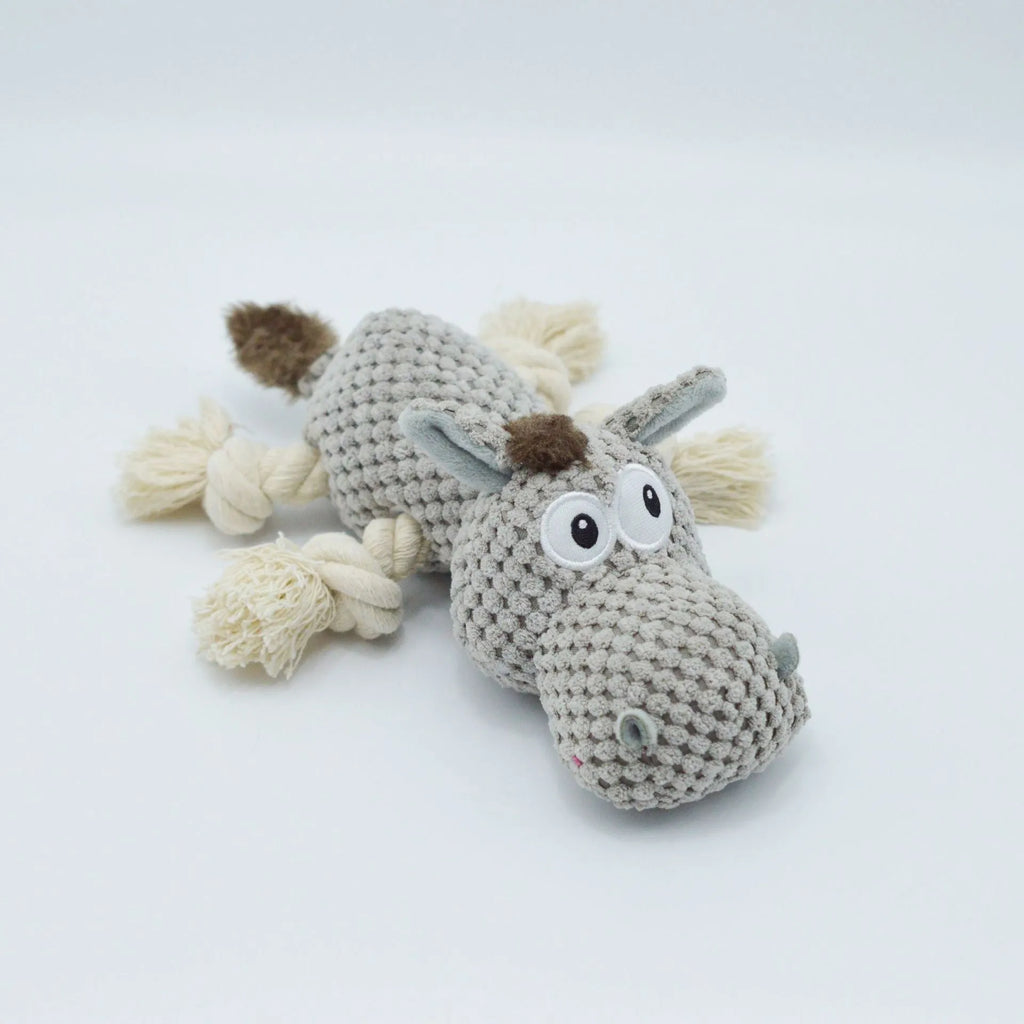 Grey cloth velvet donkey plush dog toy with creaking sound mechanism measuring 27x20x9.5cm