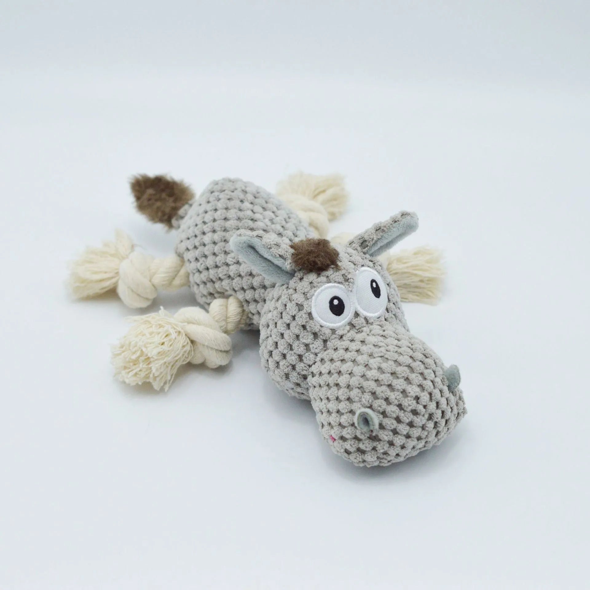 Grey cloth velvet donkey plush dog toy with creaking sound mechanism measuring 27x20x9.5cm