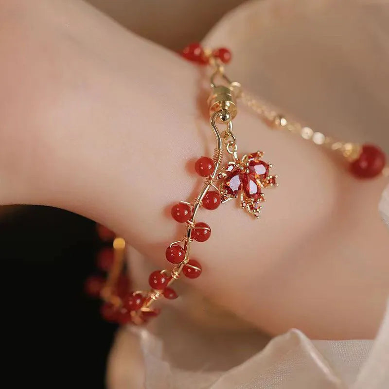 Red ginkgo leaf magnetic bracelet with electroplated alloy finish and adjustable clasp