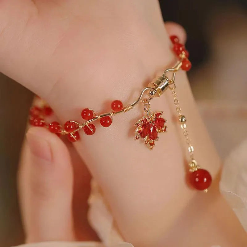 Red ginkgo leaf magnetic bracelet with electroplated alloy finish and adjustable clasp