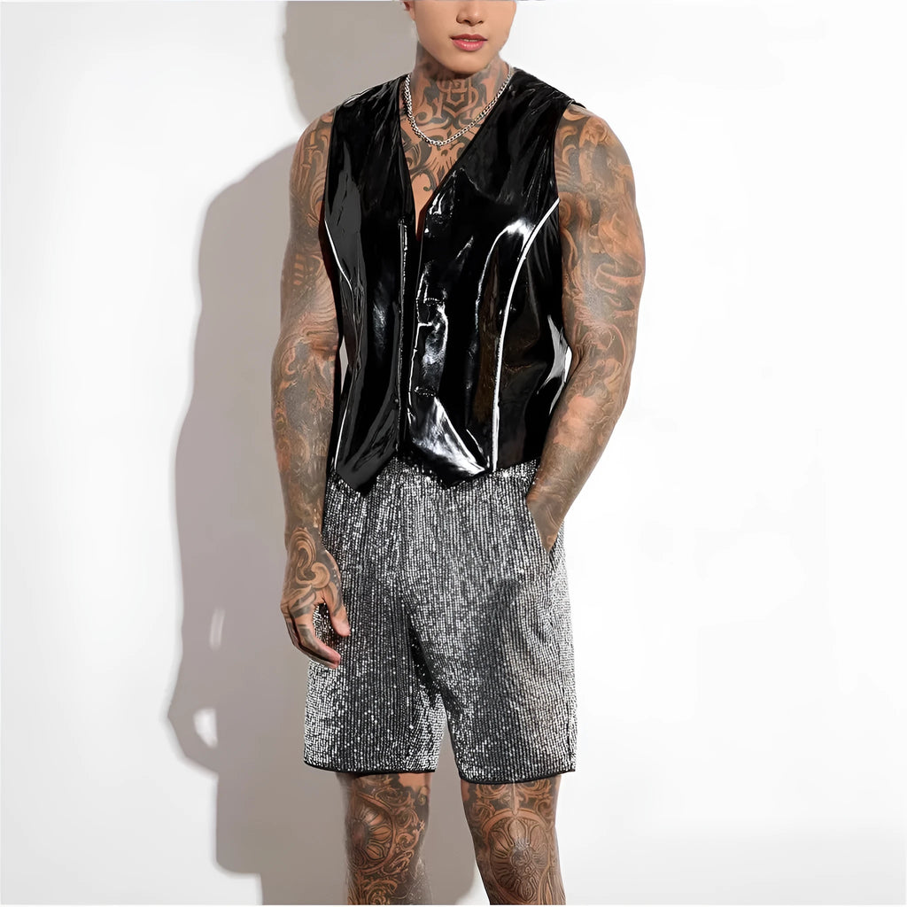 Men's silver sequin shorts with straight cut design and elastic waistband