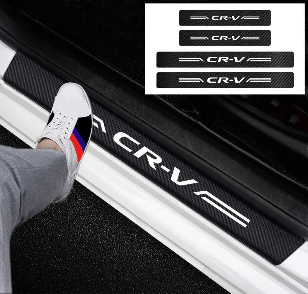 Car door threshold anti-stepping sticker in carbon fibre leather, black, with CR-V white label design
