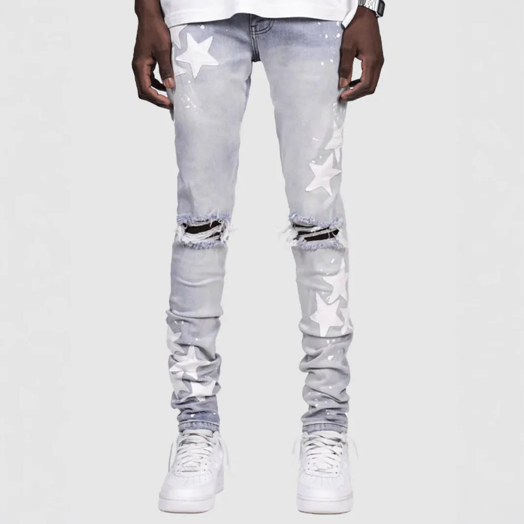 Men's slim stretch jeans with embroidery detailing in grey, blue, and light blue colour options