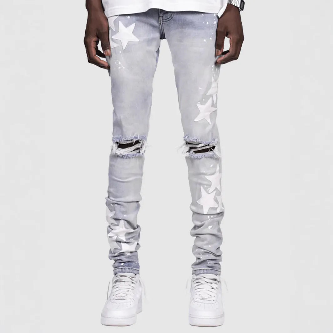Men's slim stretch jeans with embroidery detailing in grey, blue, and light blue colour options